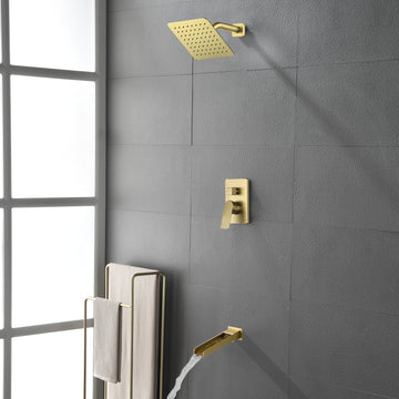 8" Square Rain Shower Head Systems with Waterfall Tub Spout,2 Functions Wall Mounted Shower Trim Kit